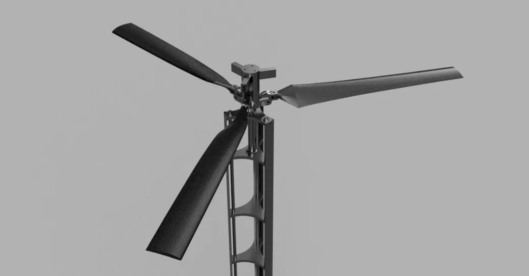 CAD render of the rocket with its three-blade rotor deployed